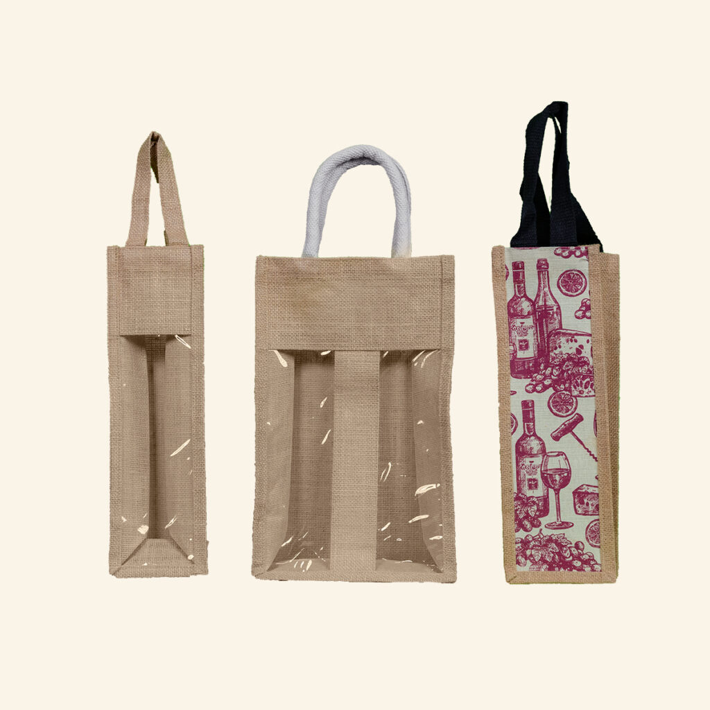 "Eco-friendly jute wine bottle carrier bags, perfect for corporate Christmas gifts UK businesses love. Featuring single and multi-bottle designs with transparent windows and festive wine-themed prints