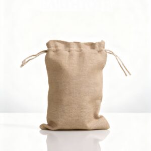Eco-friendly jewelry tote bag made of natural jute fabric with drawstring closure by Earth Tote – sustainable packaging for UK brands.