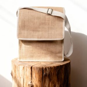 Eco-friendly jute college bag by EarthTote with cotton strap, placed on a wooden stump in natural light.