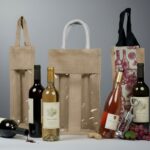 "Eco-friendly jute wine bottle carrier bags, perfect for corporate Christmas gifts UK businesses love. Featuring single and multi-bottle designs with transparent windows and festive wine-themed prints