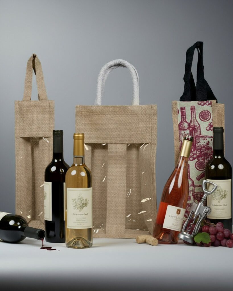 "Eco-friendly jute wine bottle carrier bags, perfect for corporate Christmas gifts UK businesses love. Featuring single and multi-bottle designs with transparent windows and festive wine-themed prints