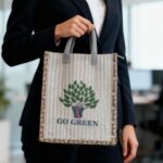 Business professional holding an Earth Tote eco-friendly jute bag with ‘Go Green’ print, promoting sustainability in a corporate setting