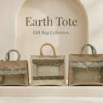 Earth Tote eco-friendly gift bag collection featuring handcrafted jute bags with lace and transparent panel designs, displayed in a minimal showcase.