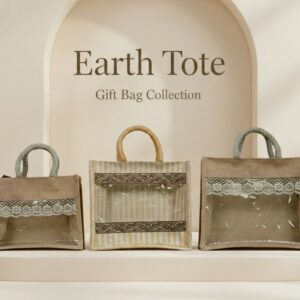 Earth Tote eco-friendly gift bag collection featuring handcrafted jute bags with lace and transparent panel designs, displayed in a minimal showcase.