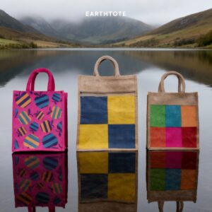 Earth Tote eco-friendly jute bags with colorful designs and patterns, displayed against a scenic lake and mountain background.