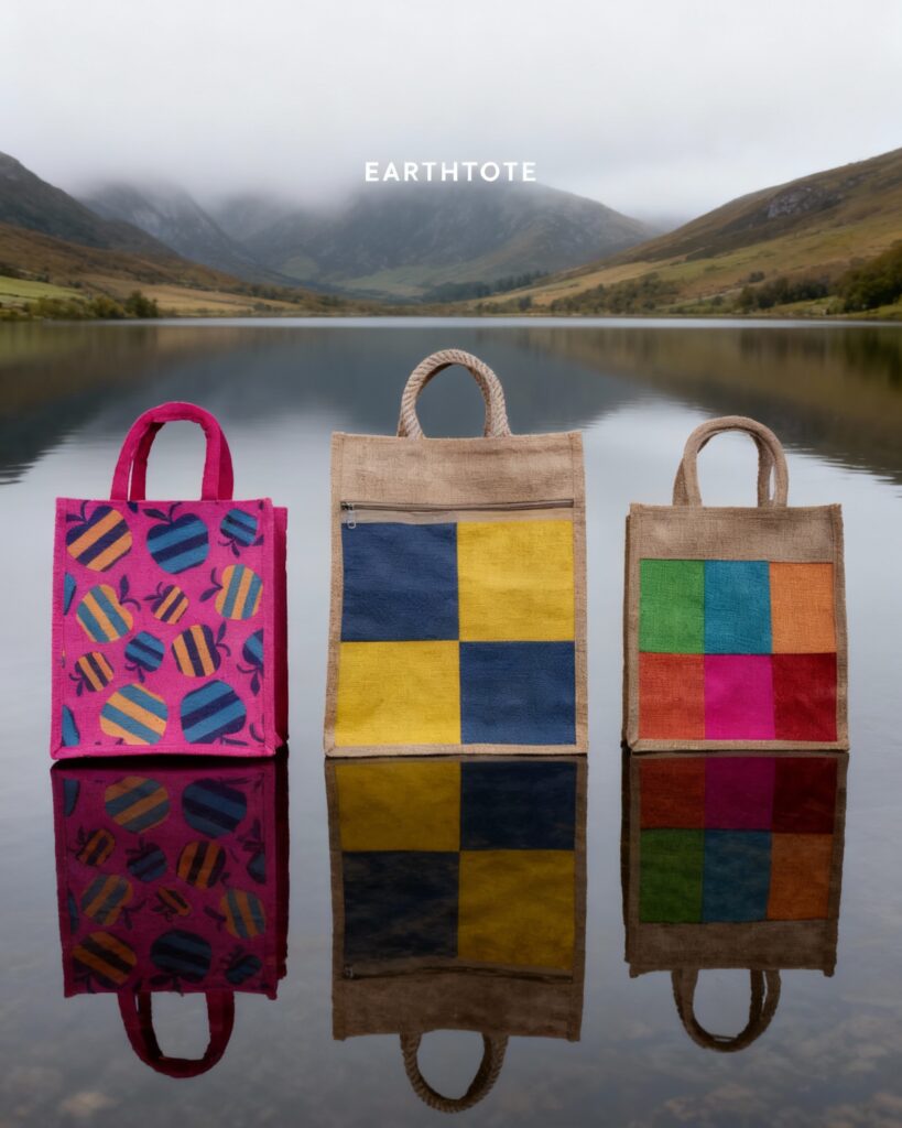 Earth Tote eco-friendly jute bags with colorful designs and patterns, displayed against a scenic lake and mountain background.
