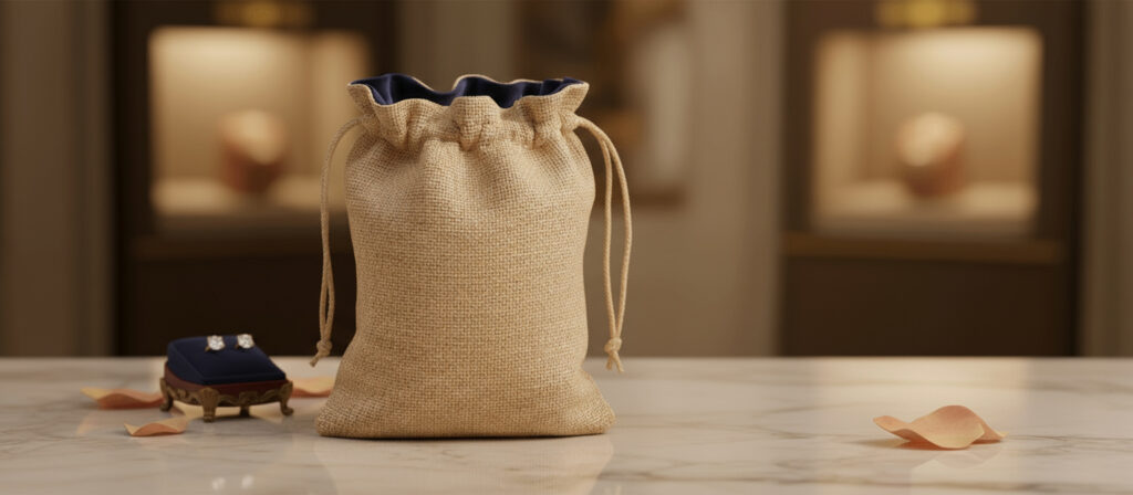 Jewelry Tote Bag: The Premier Choice for Sustainable Luxury Packaging – Eco-friendly jute and cotton bag, perfect for luxury jewelry packaging in the UK.