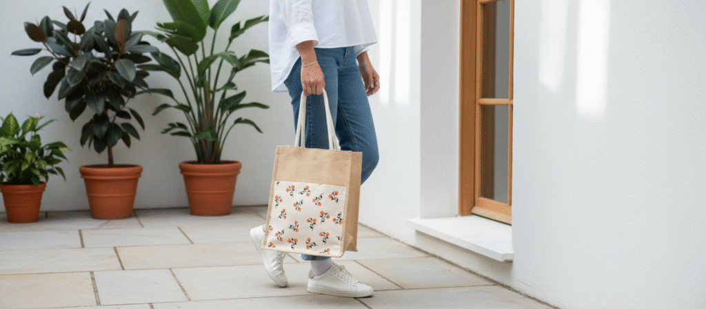 Woman carrying a jute tote bag showcasing sustainable packaging bags for businesses.
